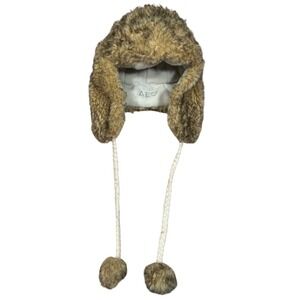 Y2K VTG American Eagle Outfitters Faux Fur Trapper Hat Brown Fleece Pom‎ Poms